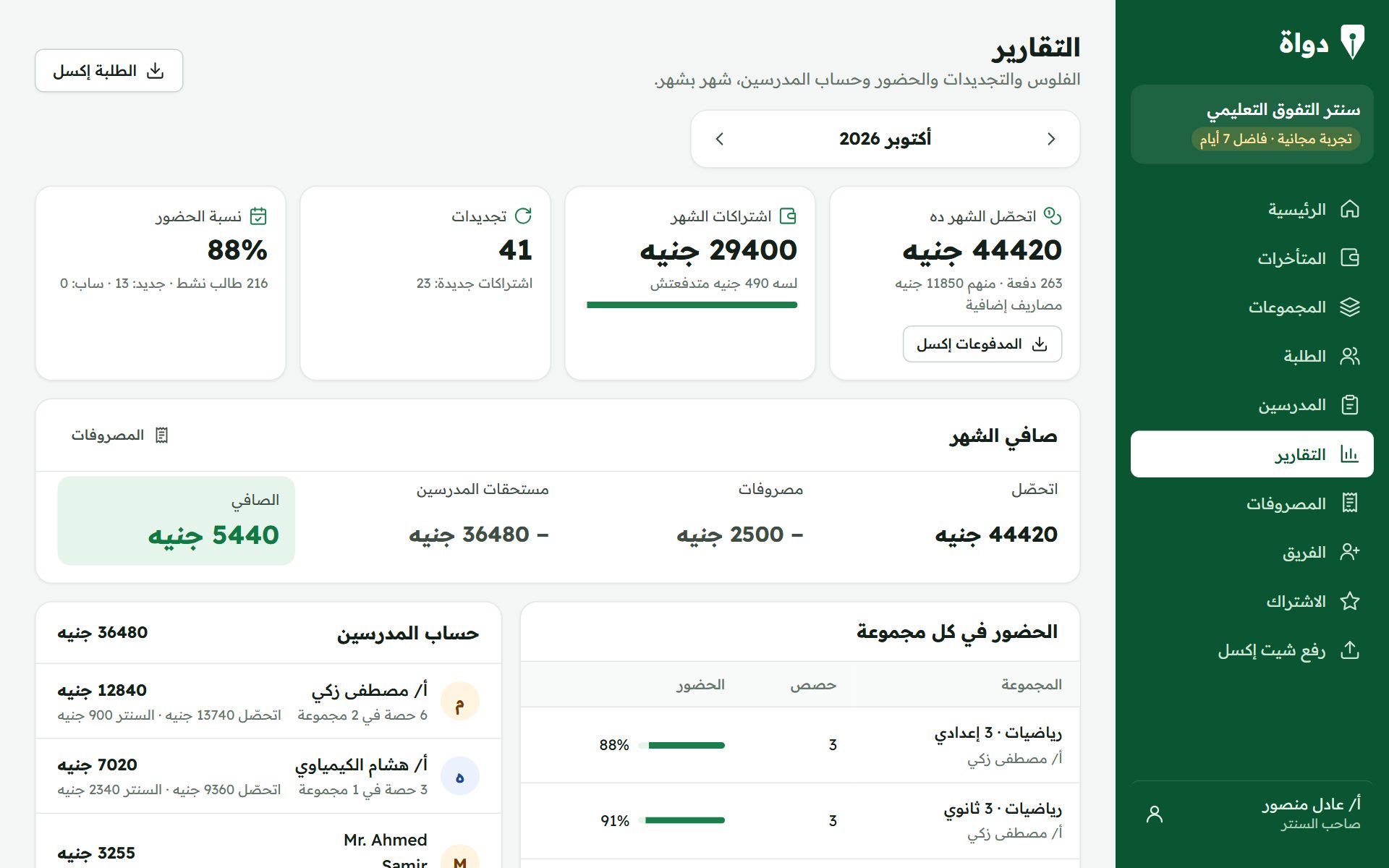 حساب المدرسين وصافي السنتر في دواة